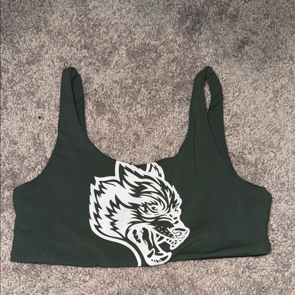 Darc Sport Dark Green Sports Bra with White Wolf Graphic